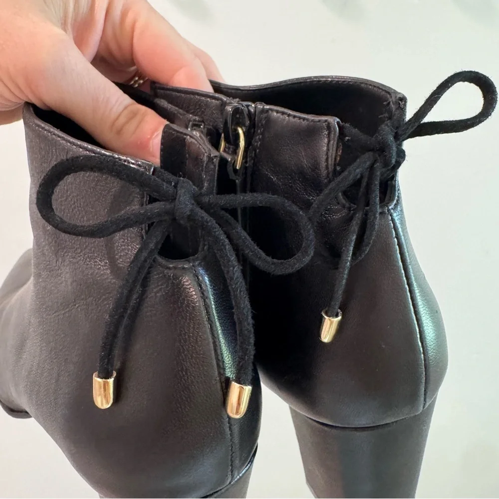Stuart Weitzman Gardiner Black Lambskin Leather Tie‎ Back Block Heel Booties 7B